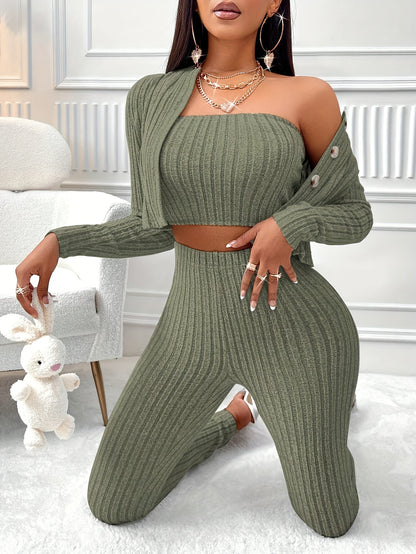 Textured Matching 3-pieces Set, Casual Long Sleeve Button Front Cardigan & Slim Tube Top & Skinny Pants Outfits, Women's Clothing MyFave Boutique