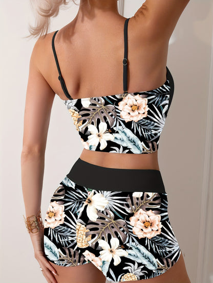 2 piece Women's Floral Print Tankini with High Waist Boxer Shorts - Stylish Swimwear for Comfortable Beach Days MyFave Boutique