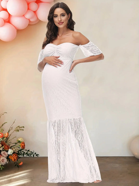 Elegant Off Shoulder Lace Trim Flutter Sleeve Mermaid Dress! Sexy Shirred Chest Bod-ycon Maternity Dress, Perfect For Party Wedding, Coquette Style, Gender Reveal MyFave Boutique