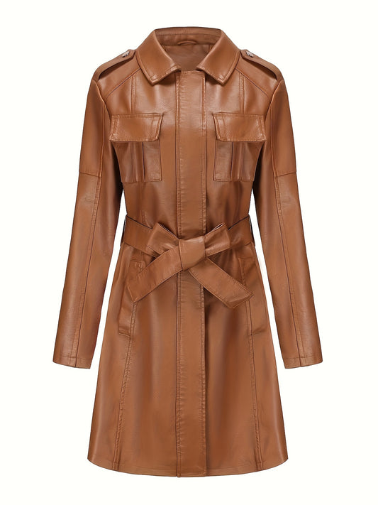 Women's Mid-Length Trench Coat With Waist Belt - Casual Fall/Winter Jacket, Turn-Down Collar Solid Color Long Sleeves Regular Fit Coat MyFave Boutique