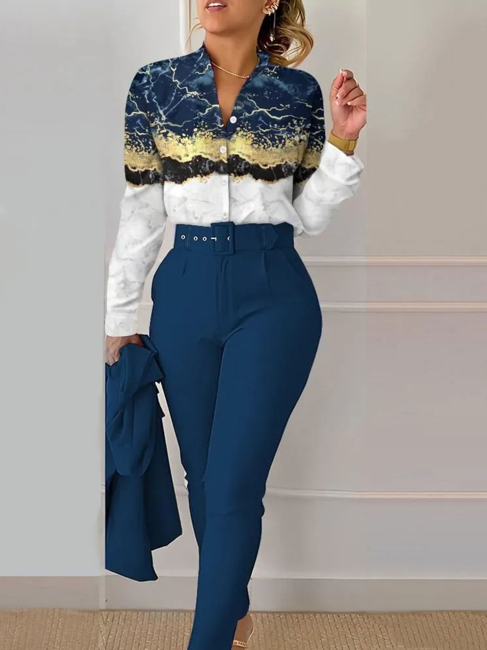 two-piece Women's Marble Print Casual Set with Button Front Shirt and Slim Pants - Stylish and Comfortable Outfit with Belt Included MyFave Boutique