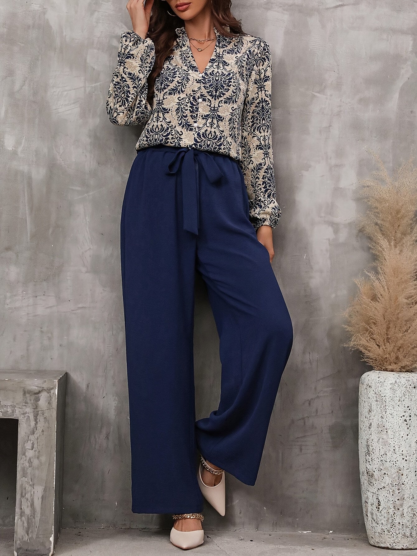 Elegant Paisley Print Lantern Sleeve Blouse and Tie-Waist Wide Leg Pants Set - Polyester Blend (96% Polyester, 4% Elastane), V-Neck, Woven, Perfect for Spring/Fall MyFave Boutique