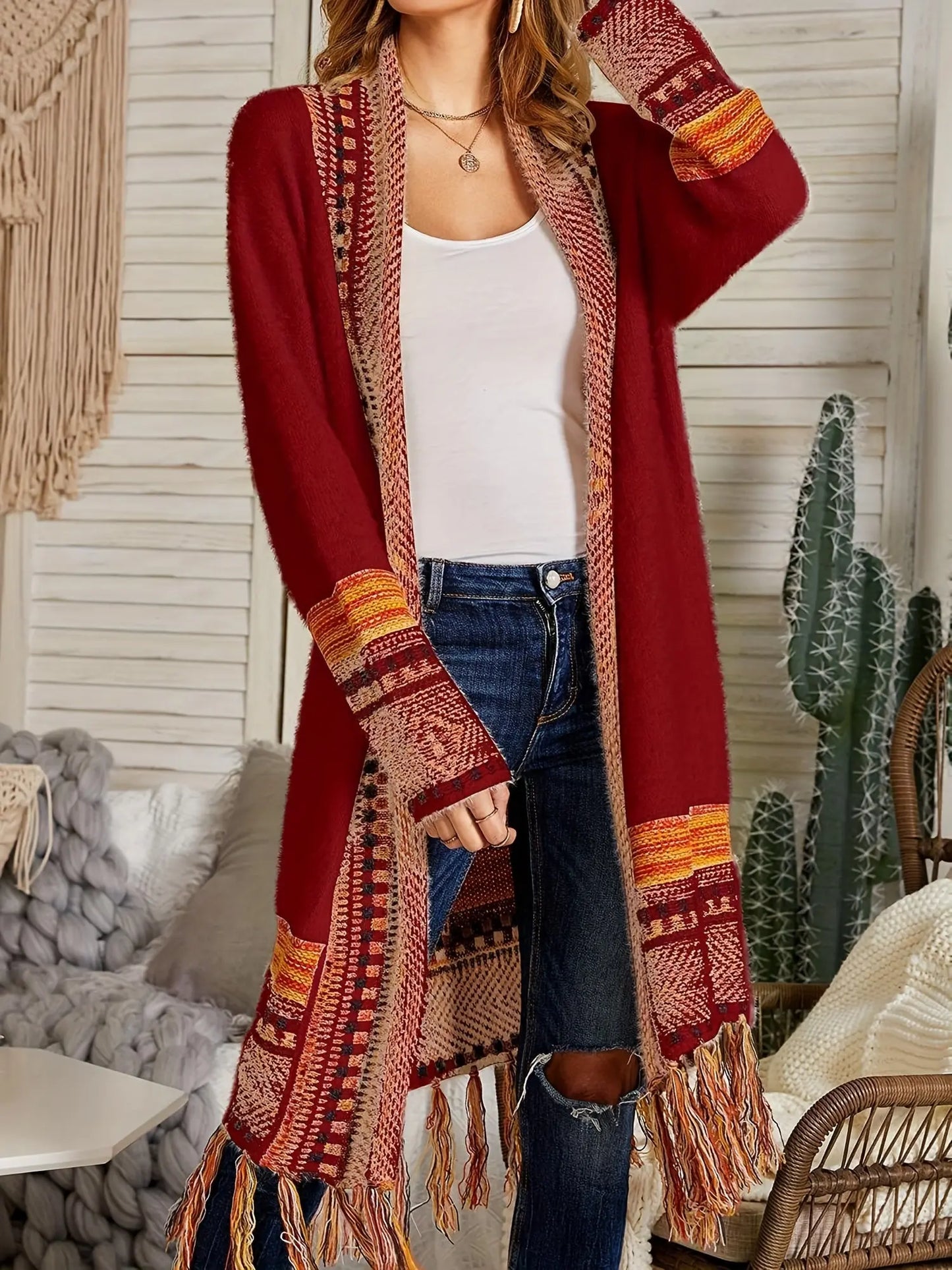 Women's Striped Pattern Fringe Hem Cardigan - Elegant Open Front Long Sleeve Cardigan for Spring & Fall MyFave Boutique