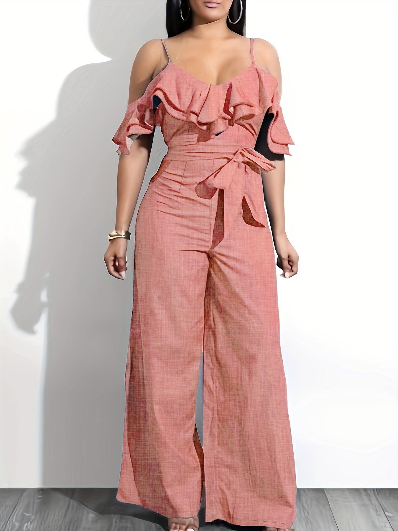 Layered Ruffle Cold Shoulder Jumpsuit, Casual Tie Front Wide Leg Jumpsuit For Spring & Summer, Women's Clothing MyFave Boutique