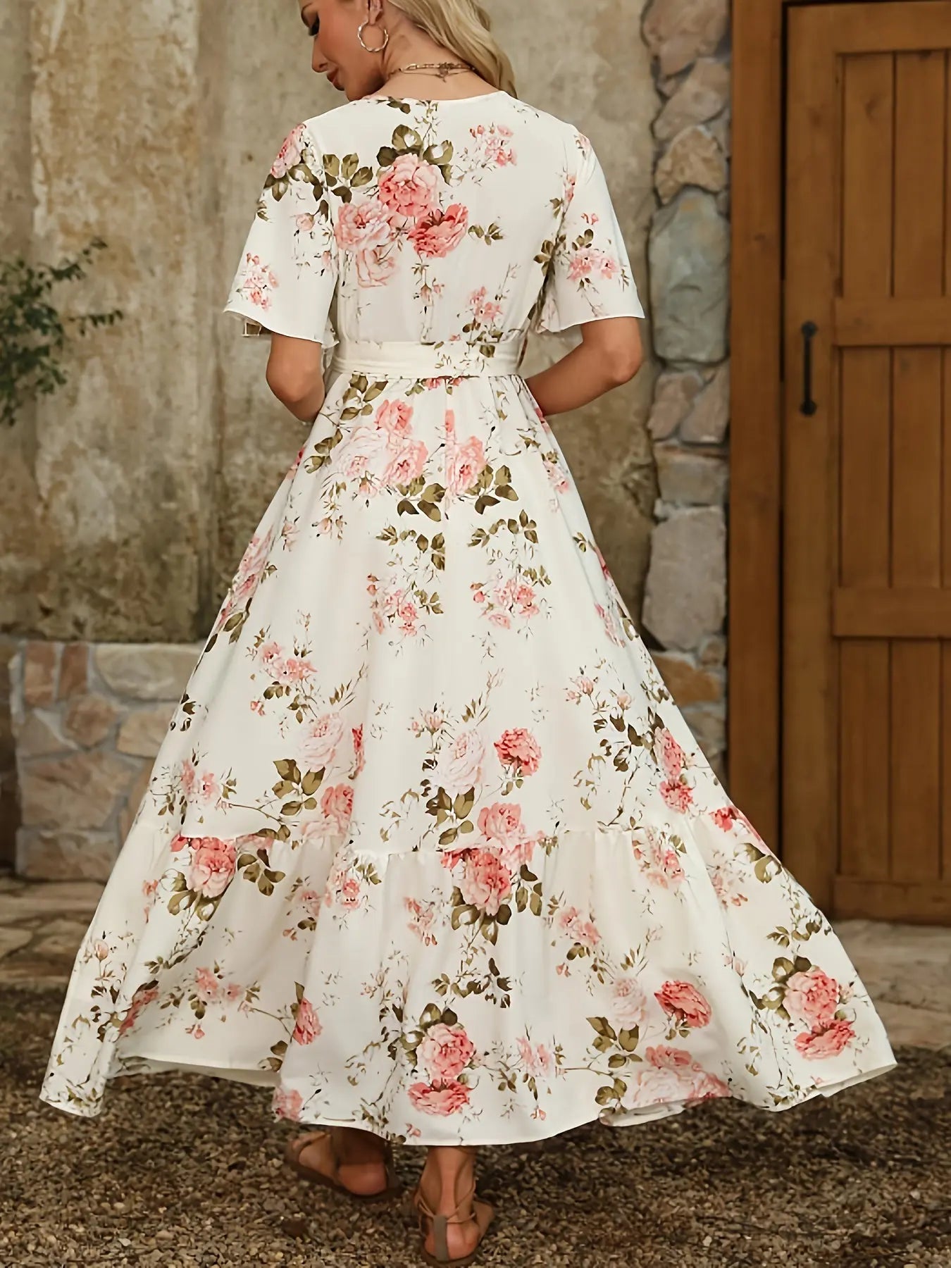 Elegant Floral Print Surplice Neck Belted Maxi Dress for Women's Party & Banquet MyFave Boutique