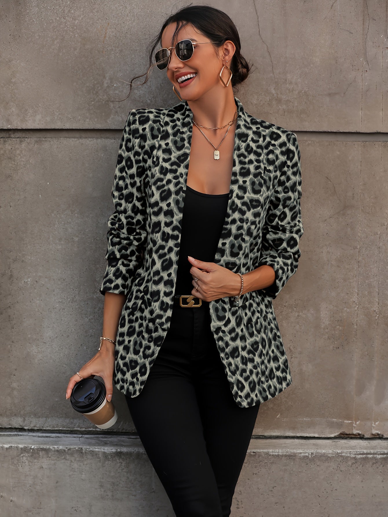 Leopard Print Open Front Blazer, Elegant Lapel Neck Long Sleeve Blazer For Office & Work, Women's Clothing MyFave Boutique