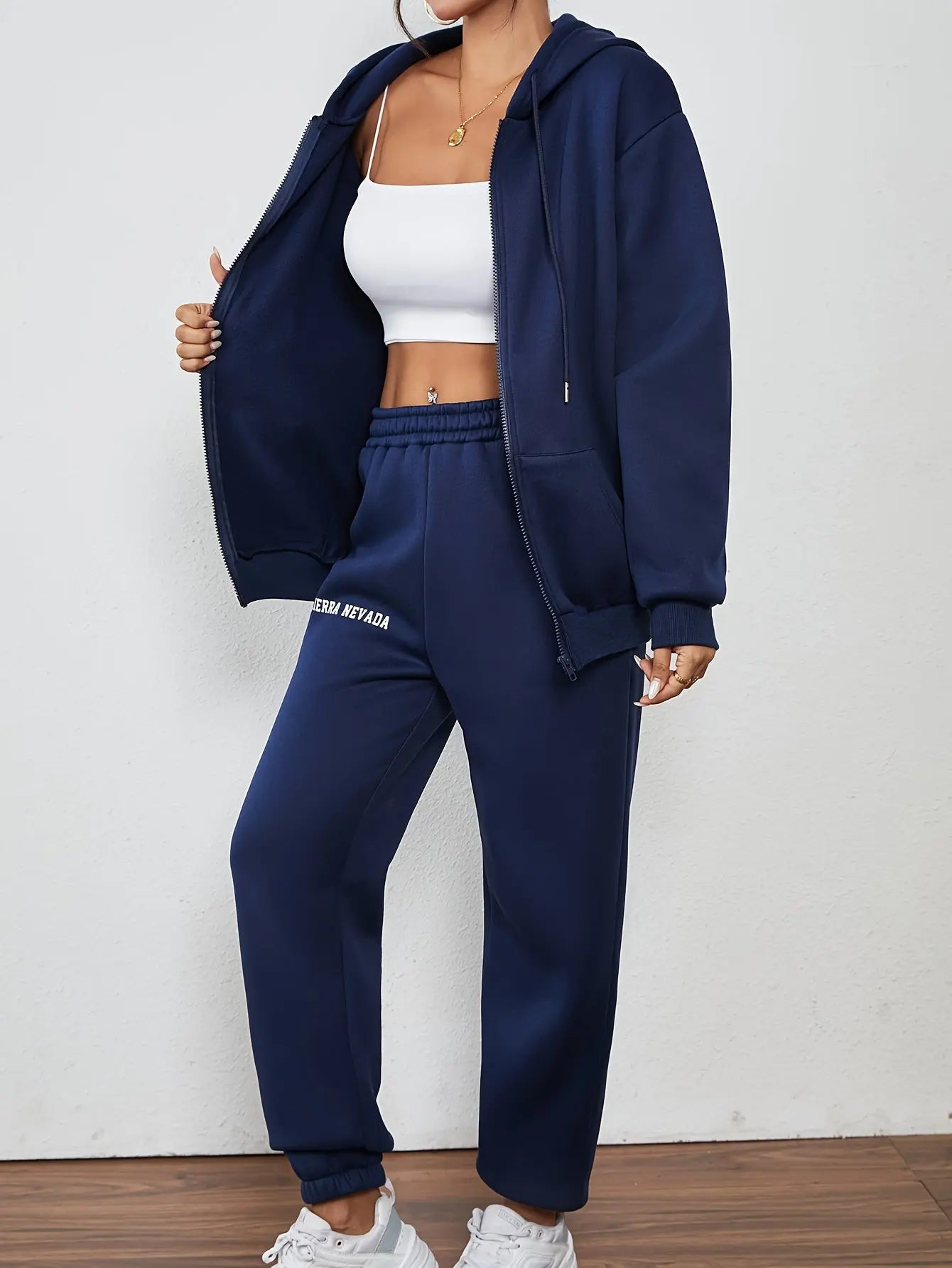 Women's Casual Letter Print Fleece Hoodie & Joggers Set - Zip-Up, Drawstring Sweatshirt with Pockets and Elastic Waist Pants for Fall/Winter MyFave Boutique