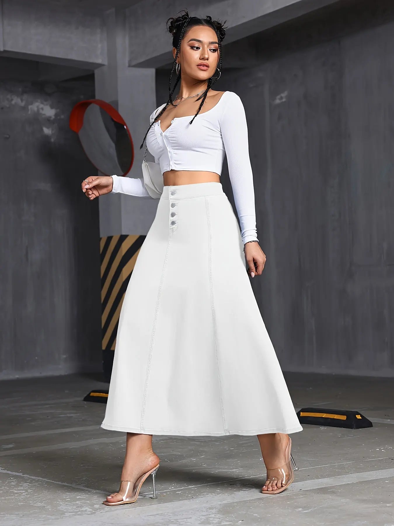 Women's Fashion White Button Front A-line Maxi Denim Skirt MyFave Boutique