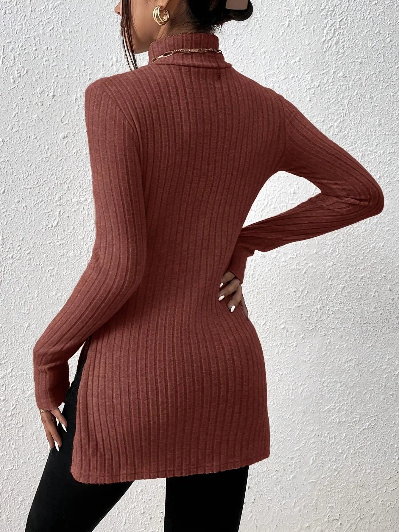 Elegant Split Long Sleeve Turtle Neck Rib Knit T-Shirt for Women MyFave Boutique