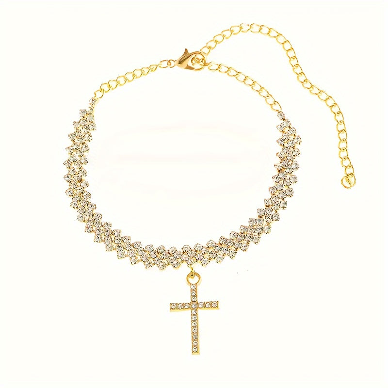 2 PCs/Set Delicate Bling Cross Pendant 18K Golden Plated Anklet For Women, Fashion Sparkling Elegant Sexy Style Personalized Summer Beach Anklet, Jewelry Gift Anklet, Perfect Holiday Gift For Beautiful Women MyFave Boutique