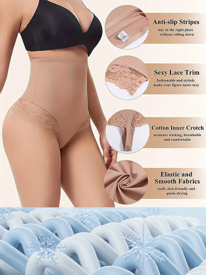 Contrast Lace High Waist Shaping Thongs, Tummy Control Compression Slimmer Panties To Lift & Shape Buttocks, Women's Underwear & Shapewear MyFave Boutique