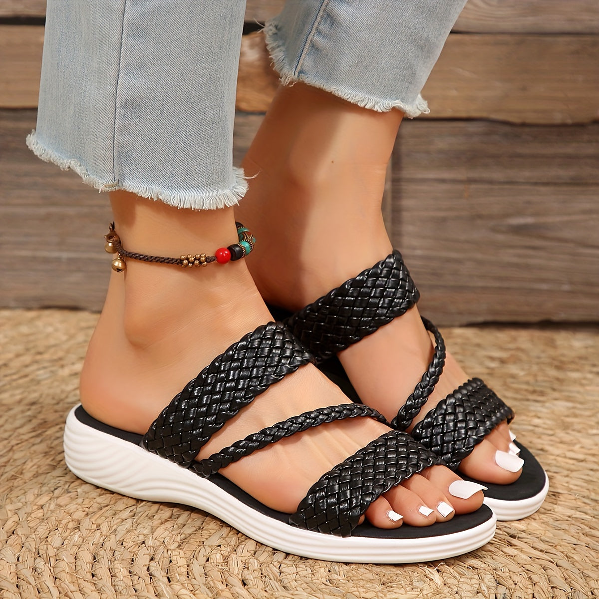 Women's Braided Detail Summer Slides, Comfy Solid Color Open Toe Shoes, Lightweight Indoor Outdoor Beach Slides MyFave Boutique