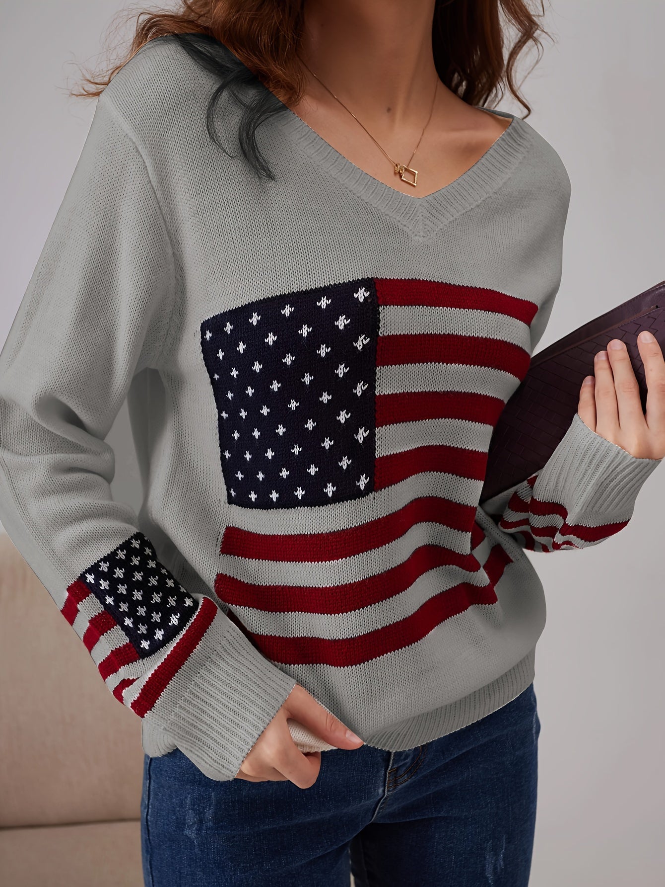 American Flag Print V Neck Sweater, Casual Long Sleeve Sweater For Spring & Fall, Women's Clothing MyFave Boutique