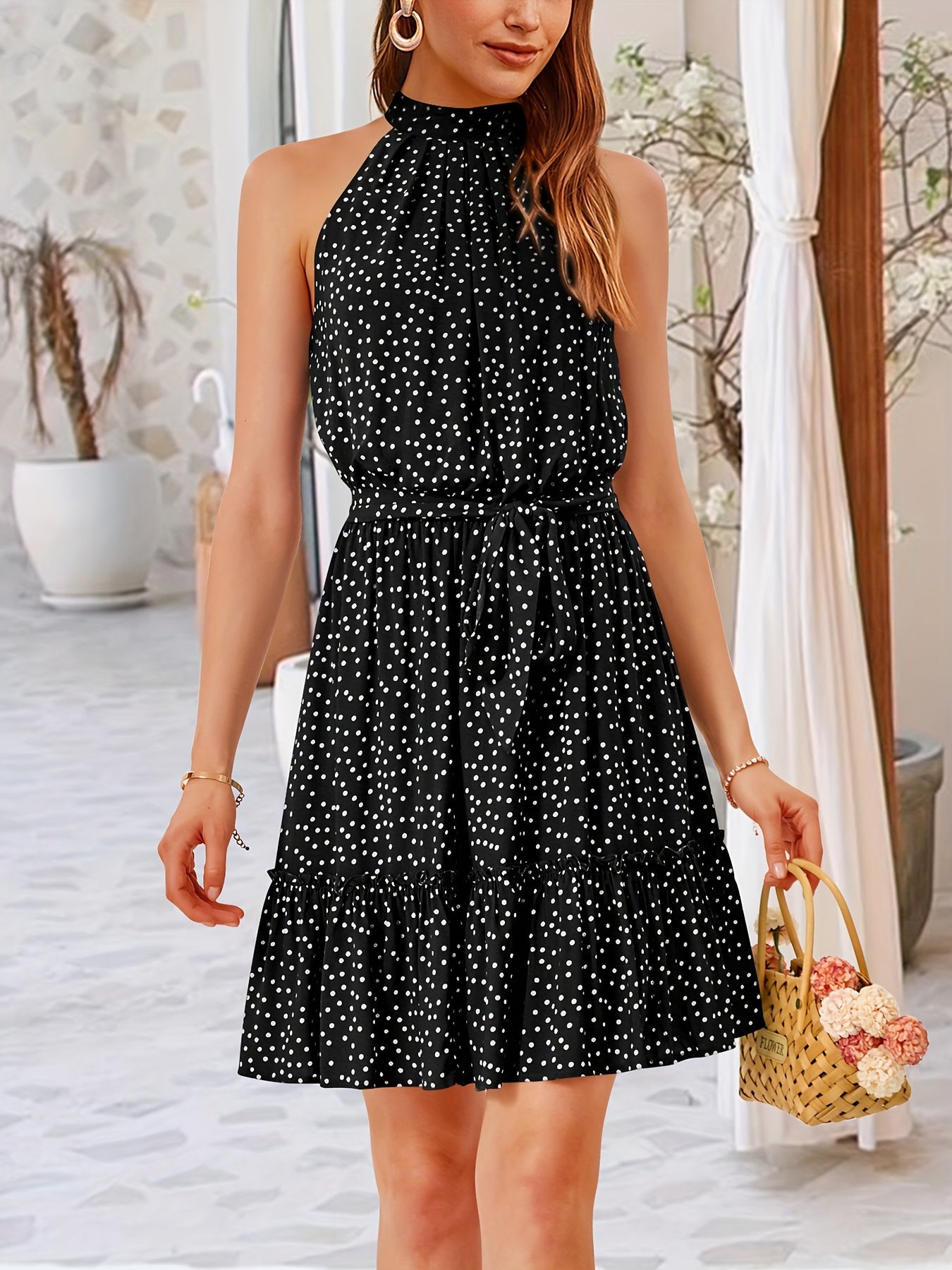 Women 2024 Summer Halter Neck Dresses Sleeveless Casual Floral Polka Dot Print Short Boho Ruffle Sundress MyFave Boutique