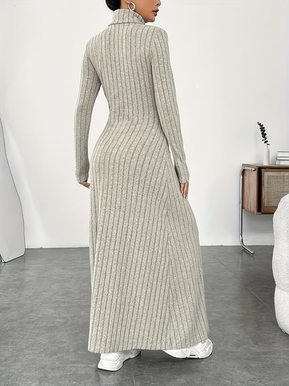 Solid Color Turtle Neck Ribbed Dress, Elegant Long Sleeve Flared Maxi Dress For Spring & Fall, Women's Clothing MyFave Boutique