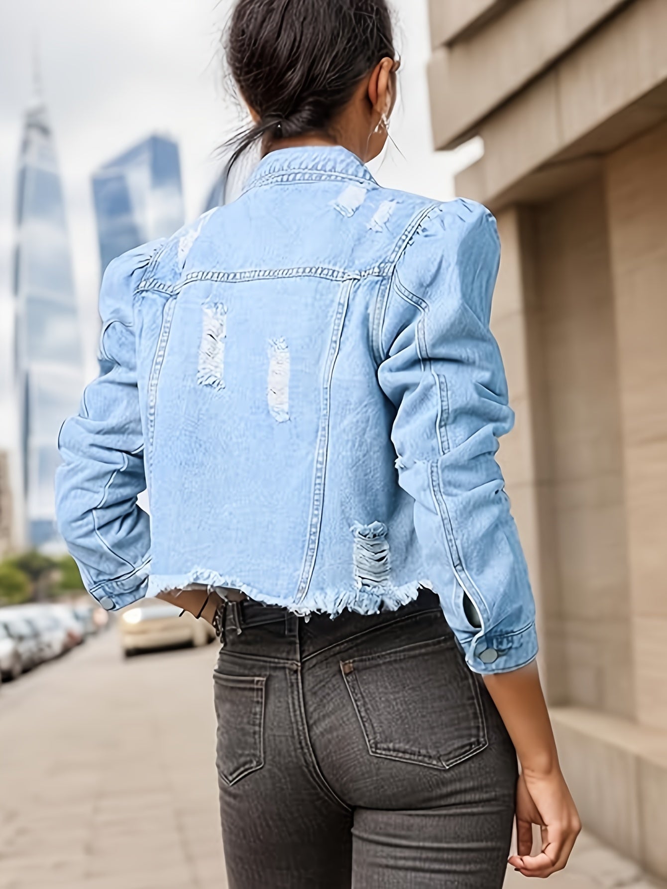 Denim Jacket With Long Bubble Sleeves For Women, Short Denim Jacket With Ripped Holes, Exposing The Belly Top MyFave Boutique