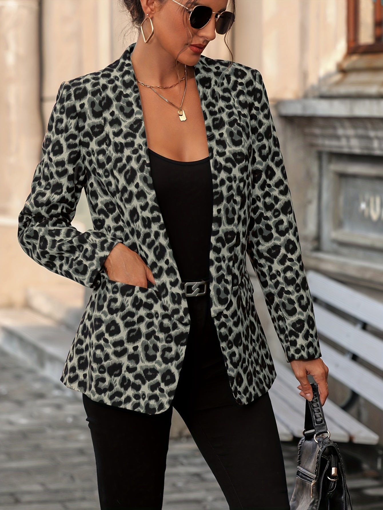 Leopard Print Open Front Blazer, Elegant Lapel Neck Long Sleeve Blazer For Office & Work, Women's Clothing MyFave Boutique