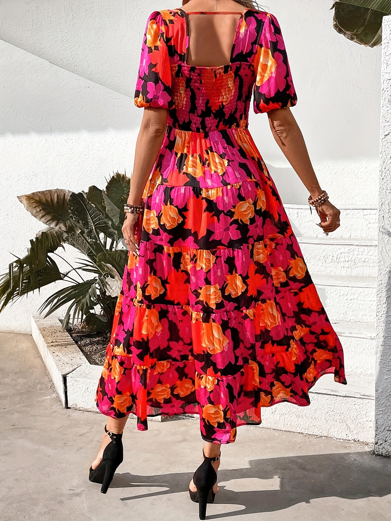 Floral Print Crew Neck Dress, Elegant Puff Sleeve Tiered Hem A-line Flowy Dress For Spring & Summer, Women's Clothing MyFave Boutique