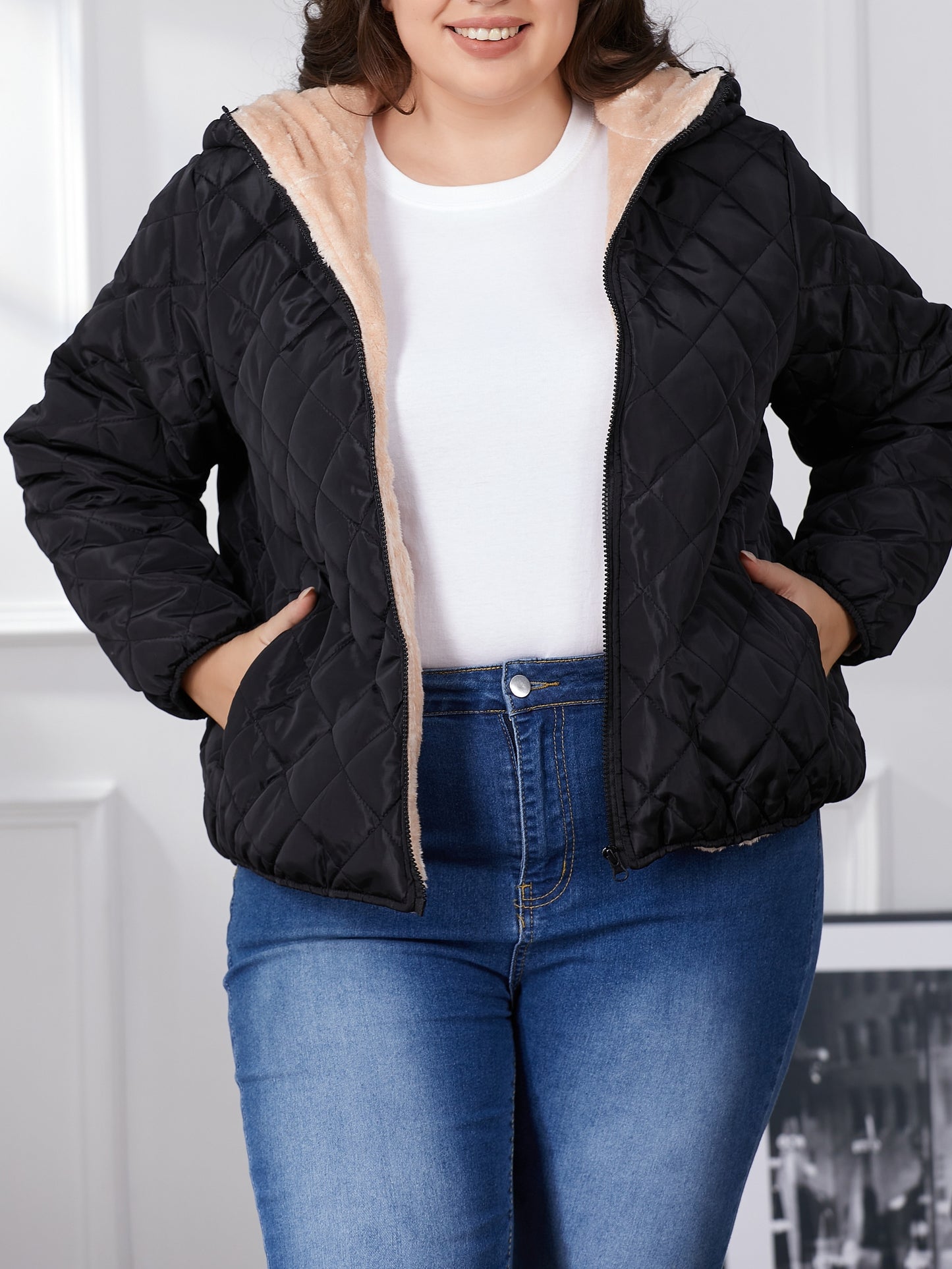 Plus Size Color Block Quilted Pocket Coat, Casual Fuzzy Hooded Long Sleeve Full Zipper Coat For Winter, Women's Plus Size Clothing MyFave Boutique