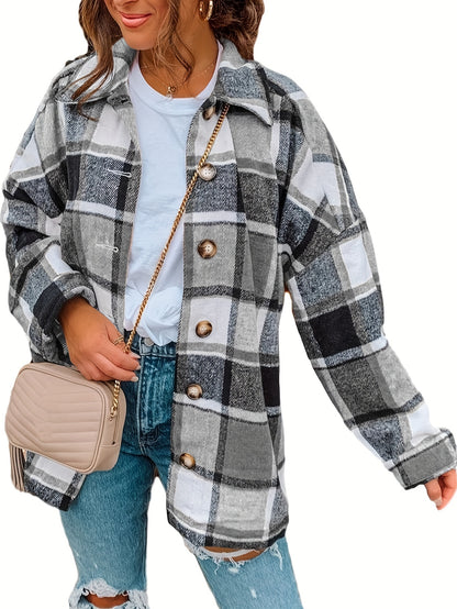 Women's Fall Color Block Plaid Flannel Shacket Jacket Button Down Shirt Coat Tops MyFave Boutique