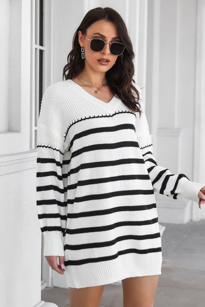 Striped V-Neck Drop Shulder Sweater Dress Trendsi