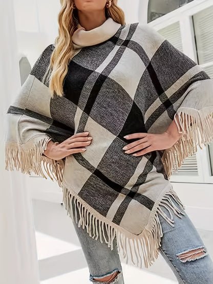 Plaid Pattern Turtle Neck Poncho Sweater, Elegant Fringe Hem Loose Shawl Sweater, Women's Clothing MyFave Boutique