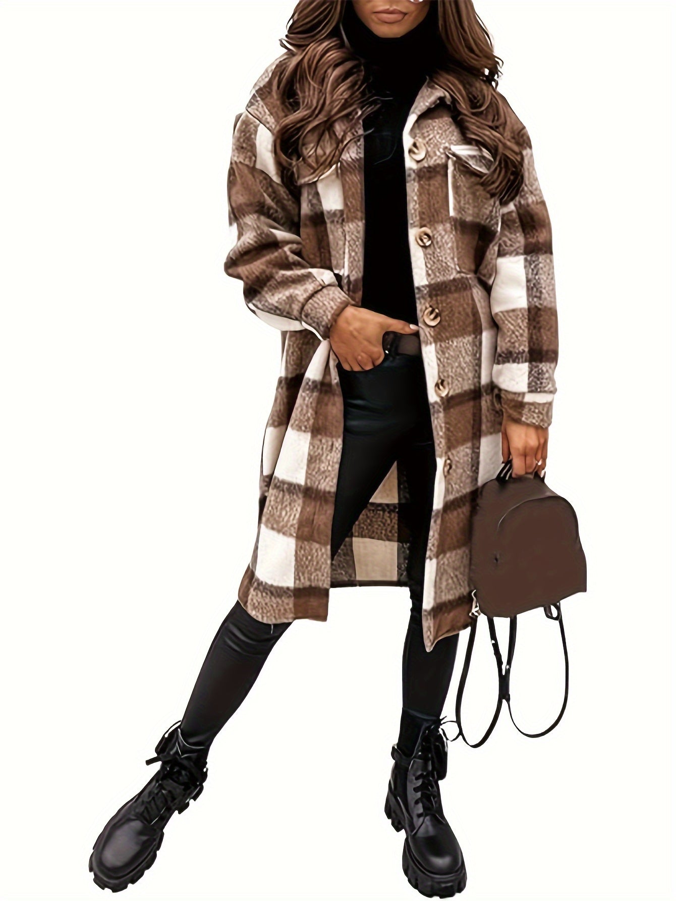 Plaid Print Button Front Long Shirt Jacket, Casual Turndown Collar Long Length Outwear For Spring & Fall, Women's Clothing MyFave Boutique