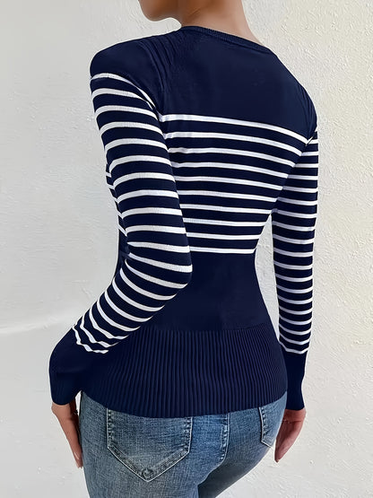 Striped Slim Crew Neck Sweater, Elegant Button Decor Long Sleeve Sweater For Fall & Winter, Women's Clothing MyFave Boutique