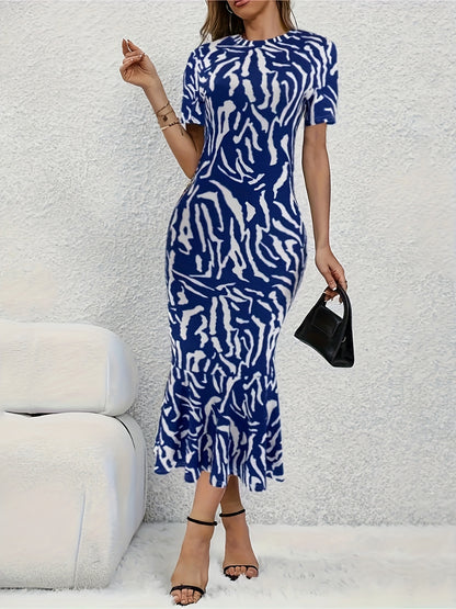 Zebra Print Bodycon Crew Neck Dress, Elegant Short Sleeve Dress For Spring & Summer, Women's Clothing MyFave Boutique