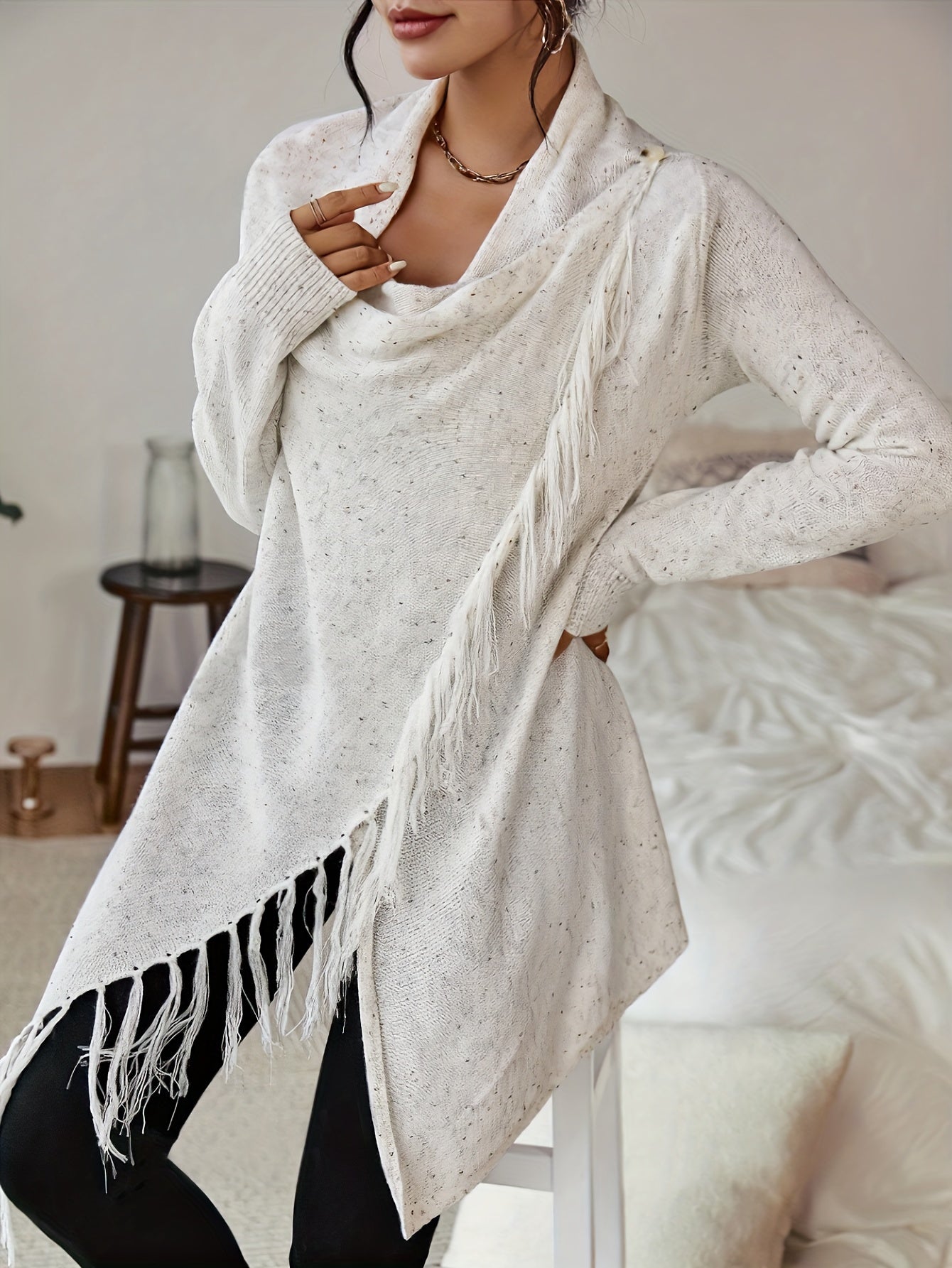 Tassel Hem Cowl Neck Cardigan, Elegant Long Sleeve Asymmetrical Hem Sweater For Fall & Winter, Women's Clothing MyFave Boutique