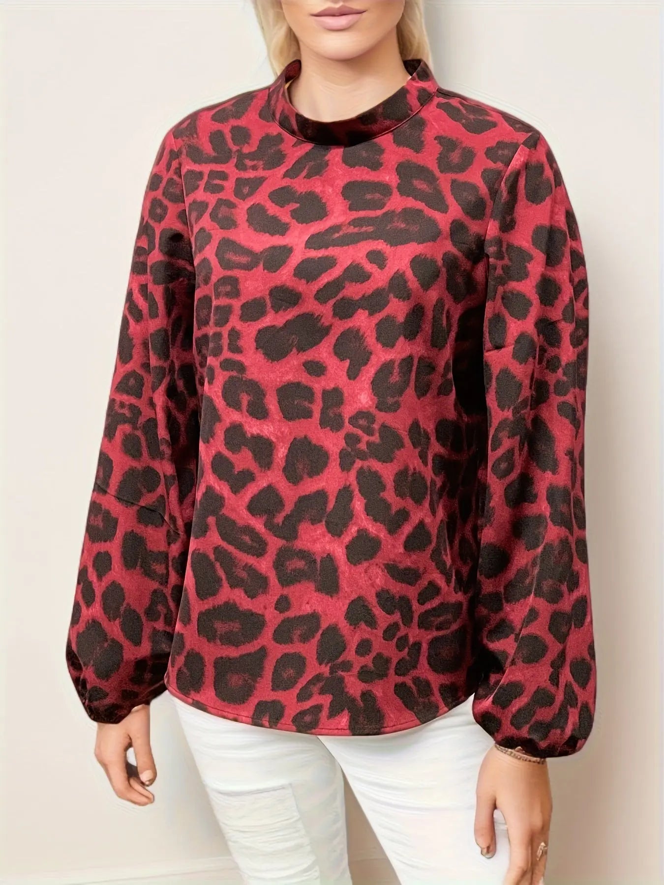 Leopard Print Mock Neck Blouse, Casual Long Sleeve Blouse For Spring & Fall, Women's Clothing MyFave Boutique