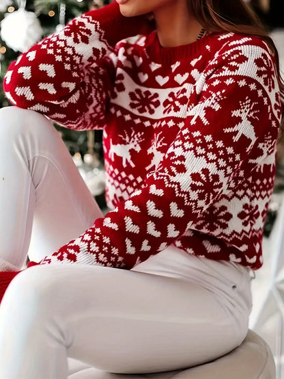 Elegant Red Reindeer & Snowflake Crew Neck Sweater - Cozy Thick Knit Pullover for Women, Perfect for Christmas MyFave Boutique