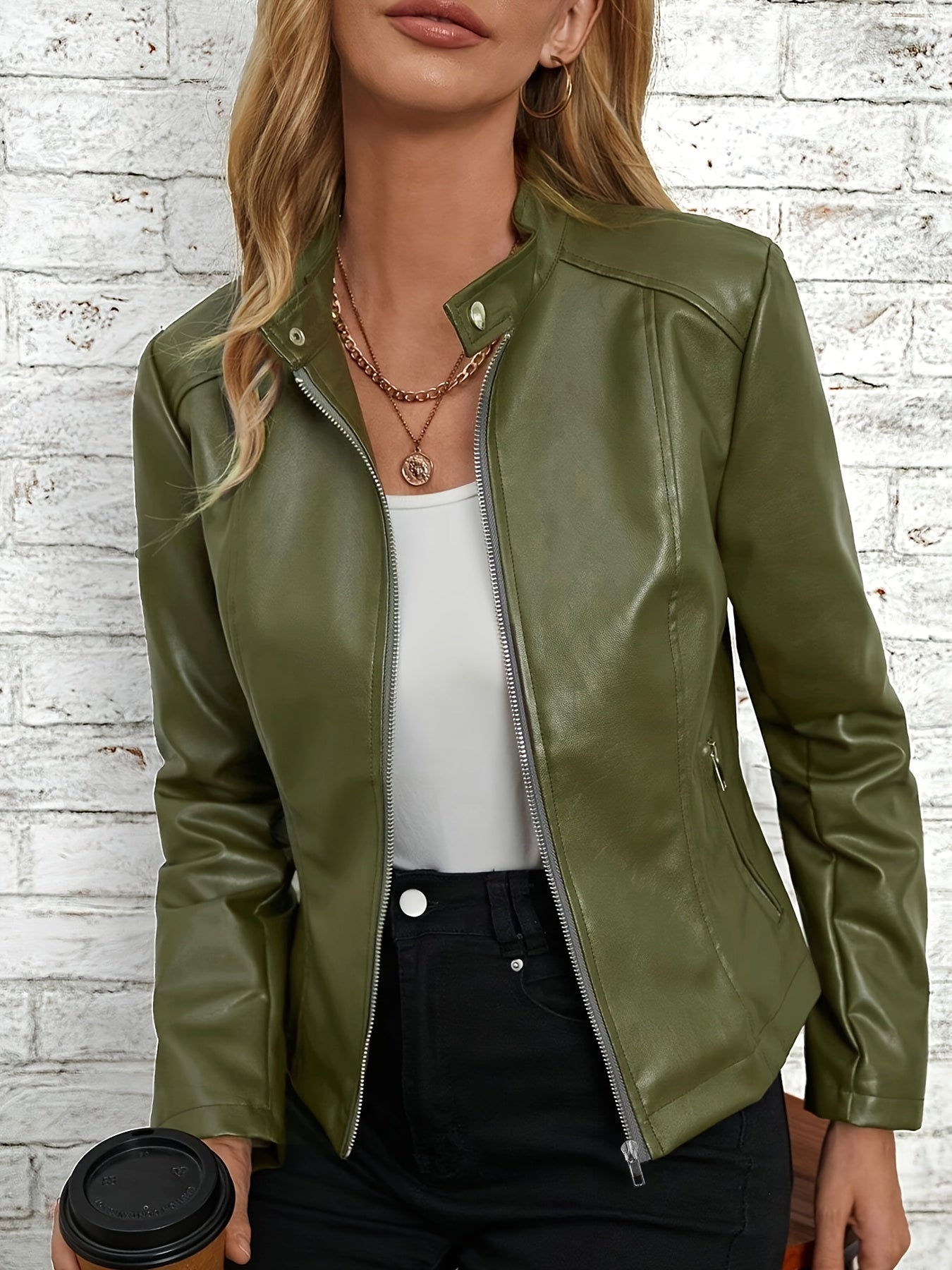 Faux Leather Zip-up Jacket, Stylish Long Sleeve Pockets Biker Jacket For Spring & Fall, Women's Clothing MyFave Boutique