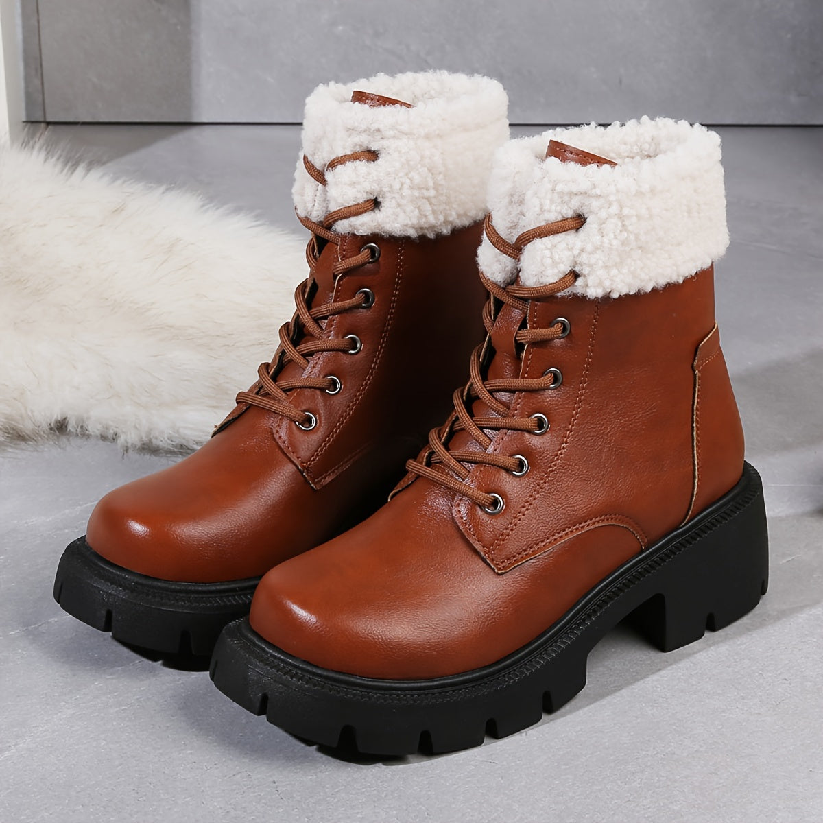 Women's Chunky Heel Combat Boots, Fashion Lace Up Plush Lined Boots, Comfortable Winter Boots MyFave Boutique