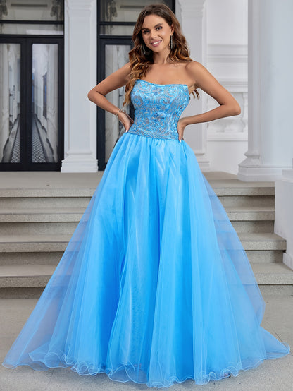 Luxury Crystal Hand Beading Formal Evening Dresses Long Ball Gown Tulle Homecoming Prom Party Gowns For Teens Strapless Lace Up Back Prom Dresses Long Floor Length MyFave Boutique