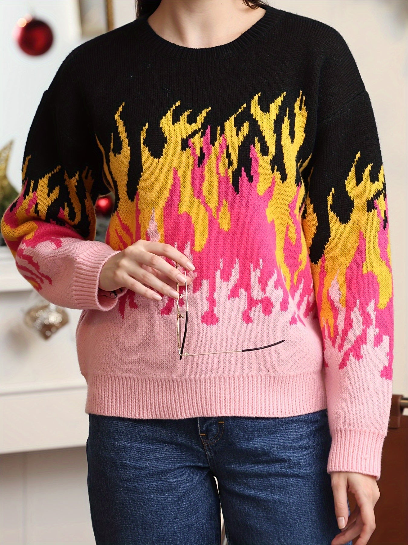 Fire Pattern Crew Neck Pullover Sweater, Casual Long Sleeve Sweater, Women's Clothing MyFave Boutique