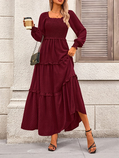 Women's Long Sleeve Smocked Maxi Dress Casual Square Neck Swiss Dot Tiered Ruffle Flowy Pocket Dresses MyFave Boutique