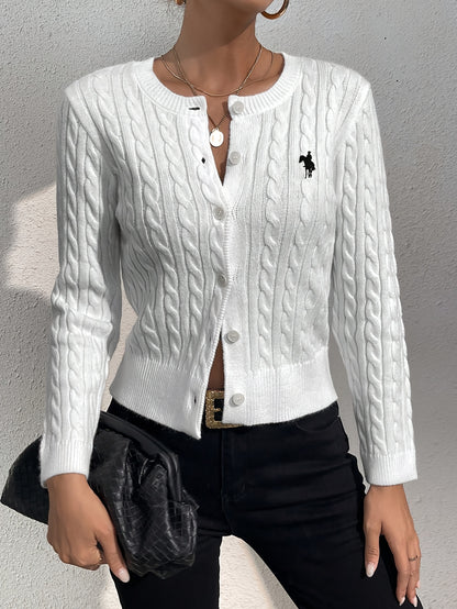 Cable Knit Embroidered Cardigan, Elegant Button Front Slim-Fit Crew Neck Long Sleeve Cardigan For Fall & Winter, Women's Clothing MyFave Boutique