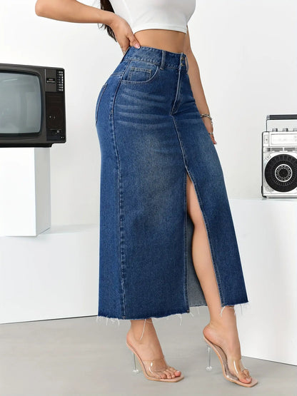 Women's High Waist Split Denim Midi Skirt with Frayed Hem and Slant Pockets MyFave Boutique