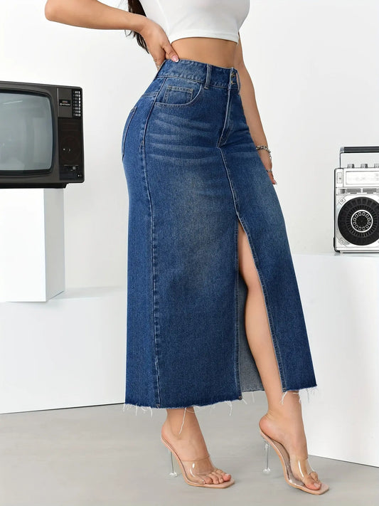 Women's High Waist Split Denim Midi Skirt with Frayed Hem and Slant Pockets MyFave Boutique