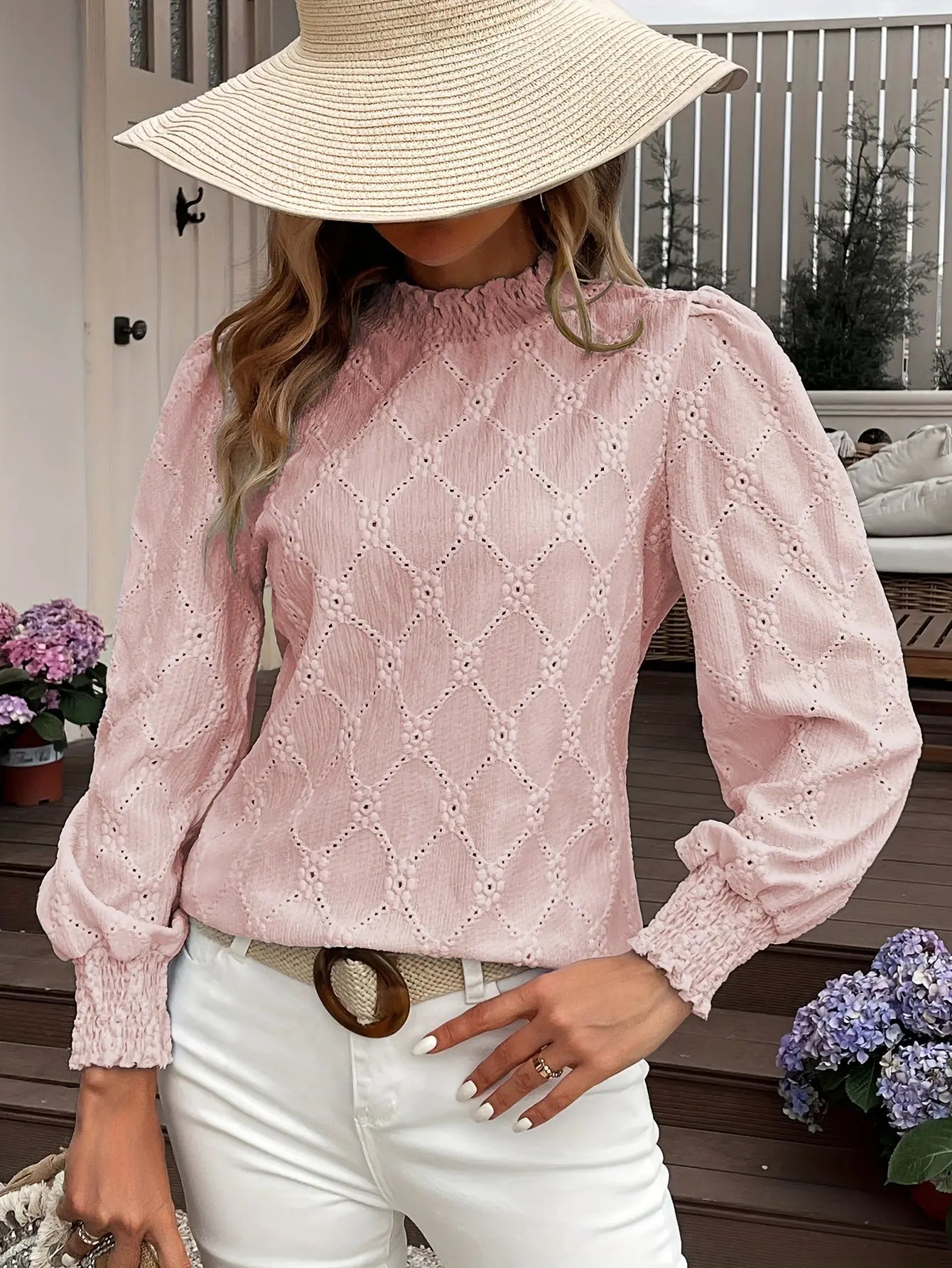 Eyelet Embroidered Lantern Sleeve Blouse with Ruffles, Women's Elegant Wedding & Vacation Top MyFave Boutique