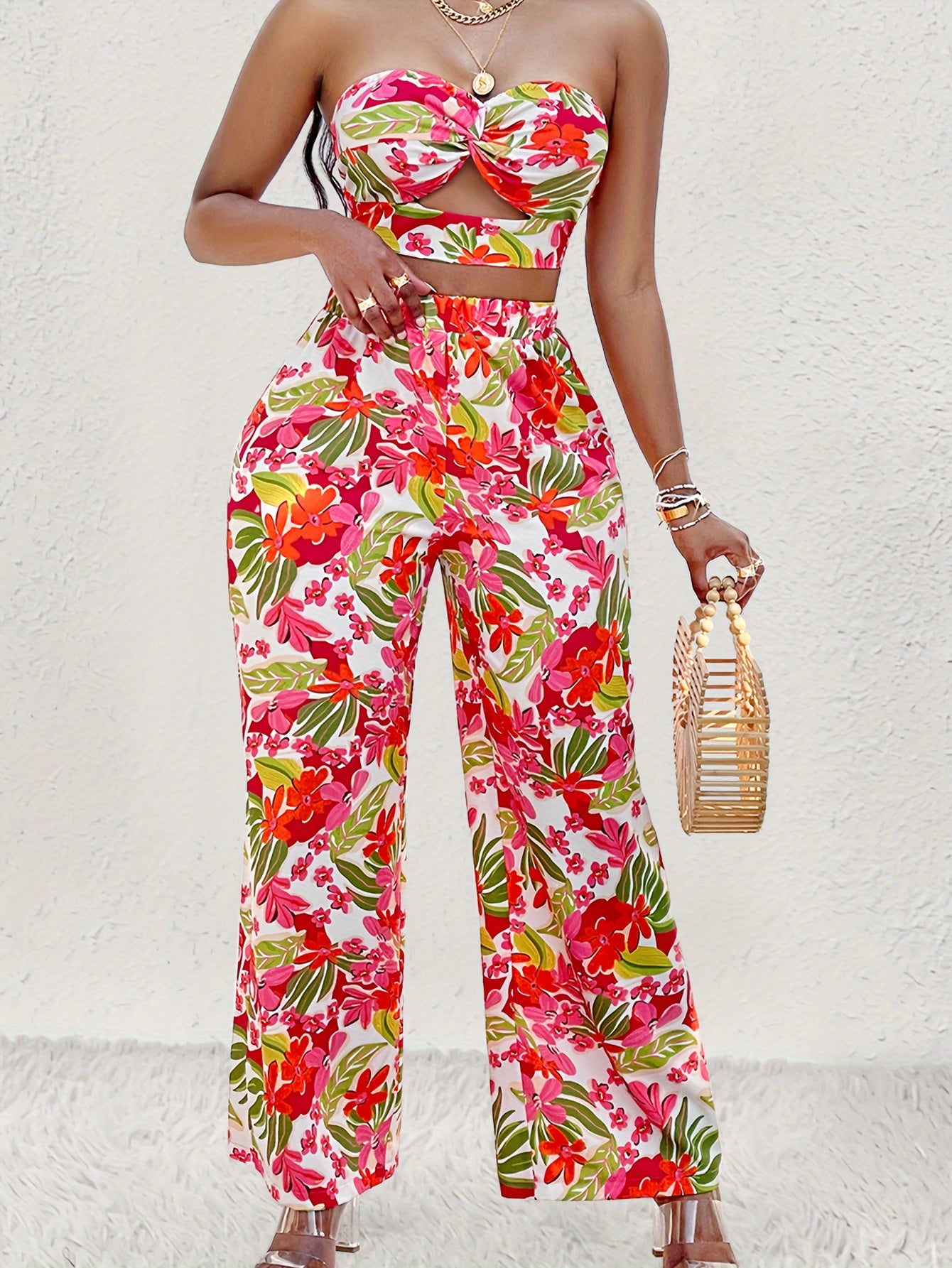 Floral Print Vacation Casual Pants Set, Cut Out Crop Tube Top & Elastic Waist Pants Outfits, Women's Clothing MyFave Boutique