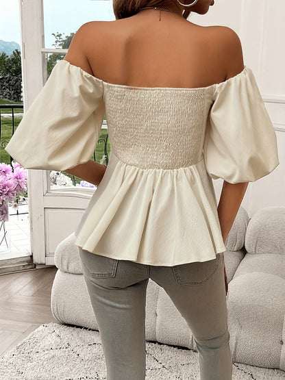 Stylish Women's Off-Shoulder Blouse with Ruffle Hem and Puff Sleeves MyFave Boutique