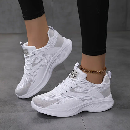 Women's Solid Color Mesh Sneakers, Lace Up Lightweight Soft Sole Walking Shoes, Breathable Low-top Daily Wear MyFave Boutique