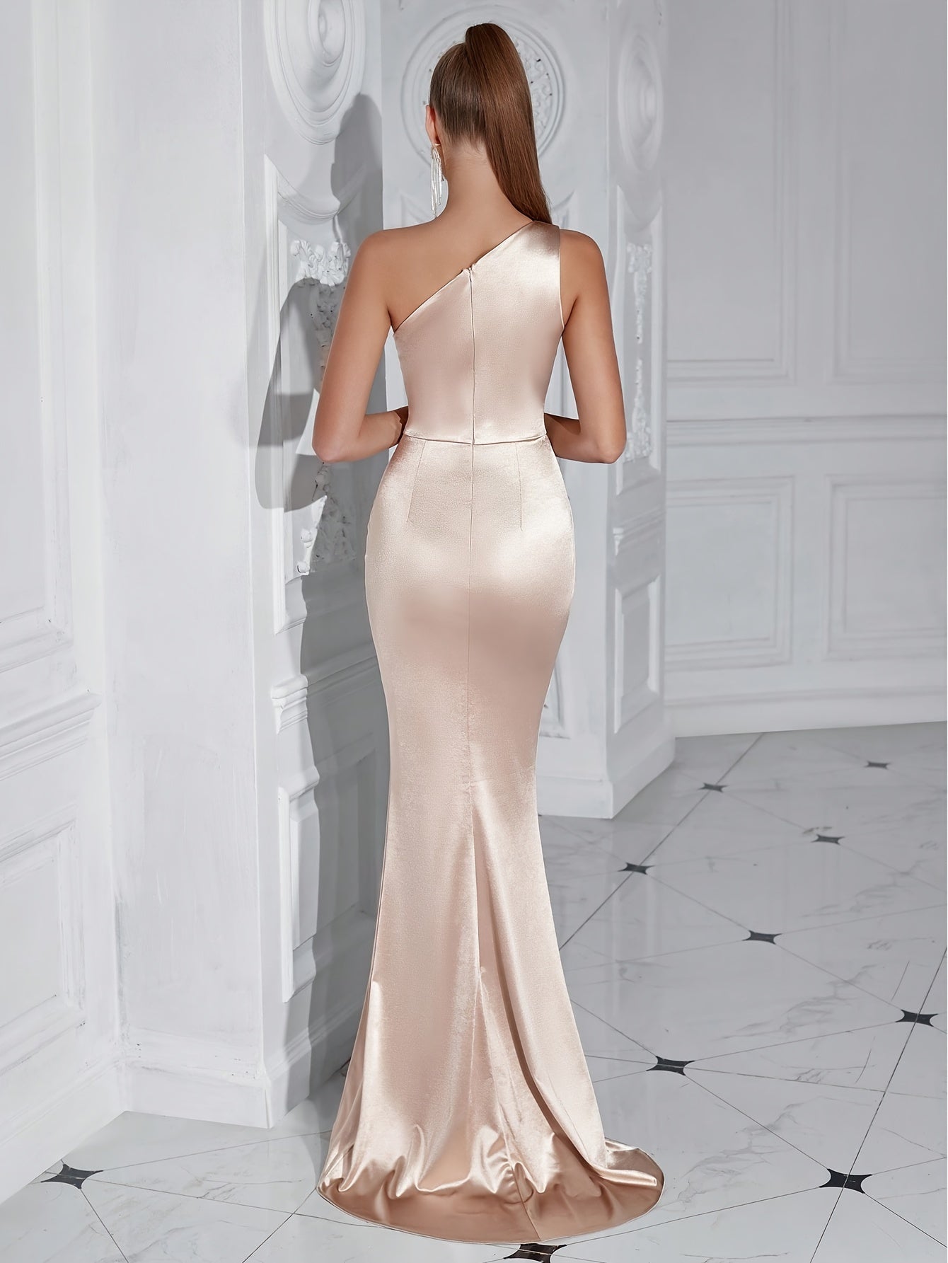 Satin One Shoulder Cocktail Dress, Elegant Ruched Split Thigh Floor Length Dress For Party & Banquet, Women's Clothing MyFave Boutique