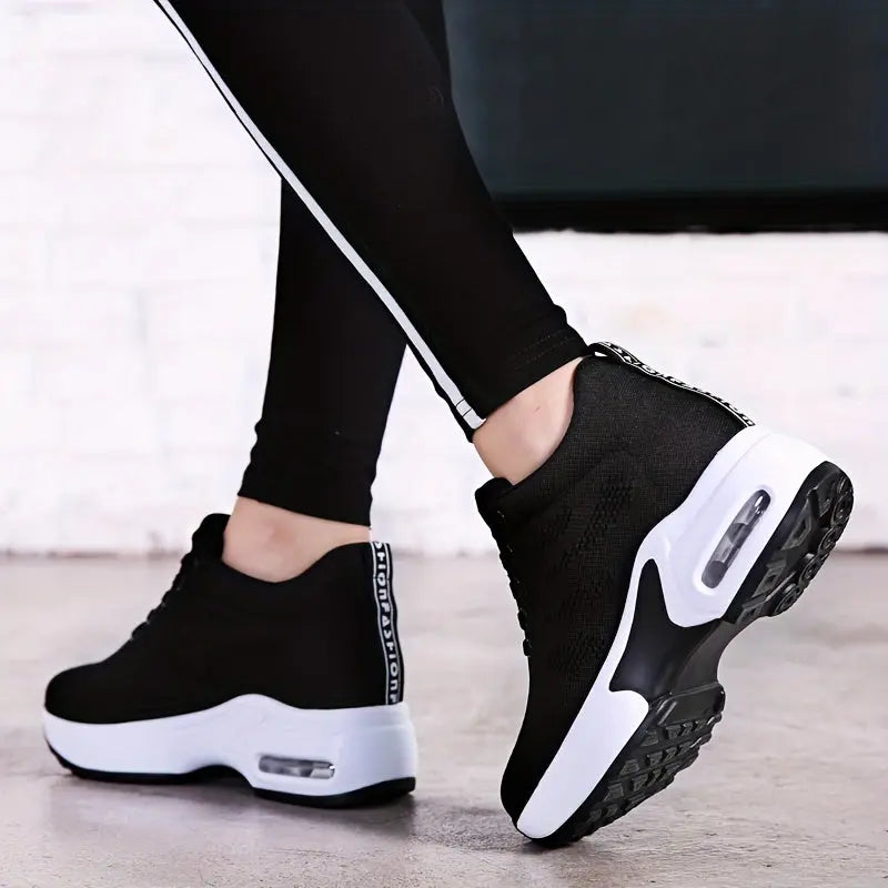 Women's Solid Color Knit Sneakers, Lace Up Heightening Casual Breathable Sporty Trainers, Versatile Low-top Comfy Shoes MyFave Boutique