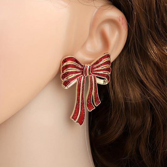 Chic Red Bow Cartoon Animal Stud Earrings - Hypoallergenic Stainless Steel Posts, Durable Alloy Construction, Perfect for Casual Attire & Gifts, Bohemian Style MyFave Boutique