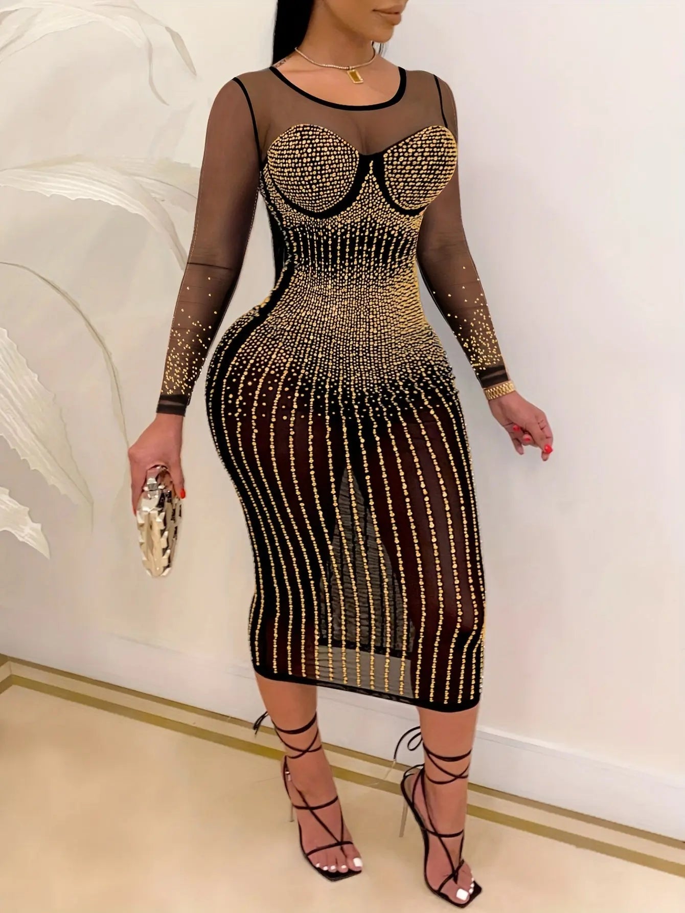 Rhinestone Mesh Semi Sheer Bodycon Dress, Elegant Long Sleeve Crew Neck Dress For Party, Women's Clothing MyFave Boutique