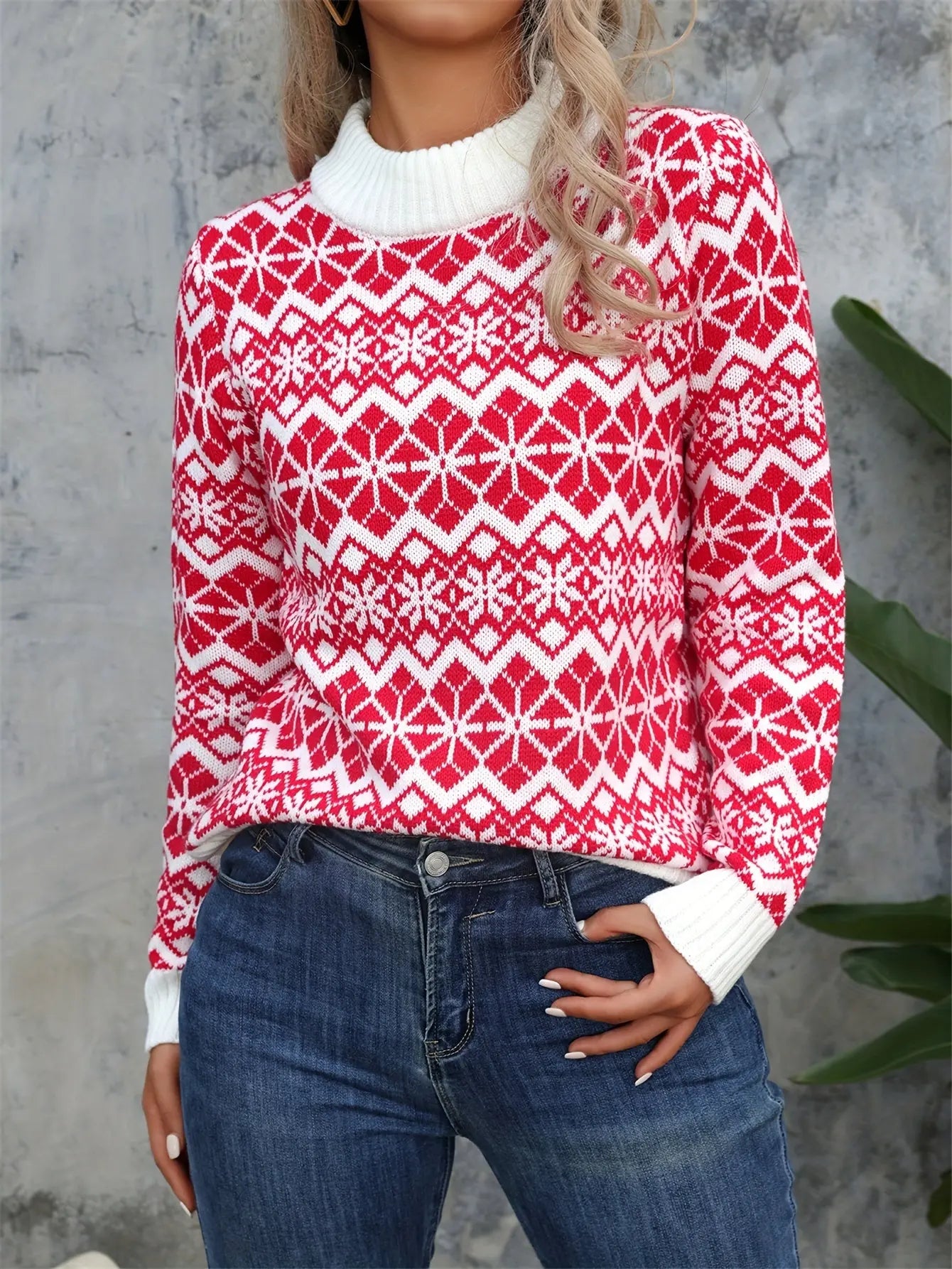 Christmas Snowflake Geo Pattern Mock Neck Sweater, Elegant Color Block Long Sleeve Sweater For Fall & Winter, Women's Clothing MyFave Boutique