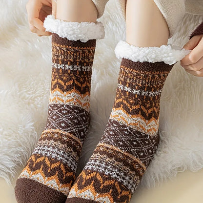 2 Pairs Of Thick Lamb Wool Socks, Winter Cold Resistant, Warm And Heat Storage Plush Socks, Silicone Anti Slip Floor Socks, Ethnic Style Outdoor Socks MyFave Boutique